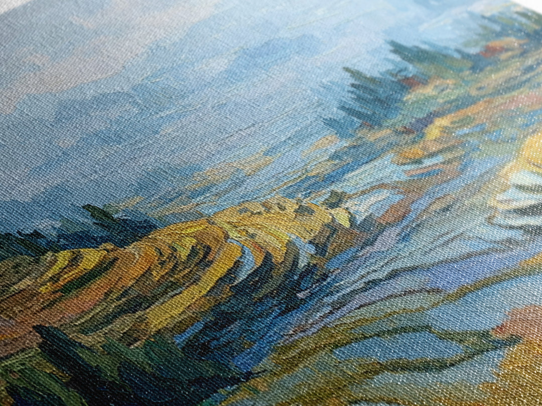Rice Terraces Glowing Framed Canvas Print, Landscape Art, Living Room Decor, Oil Painting, Horizon, Modern Art, Gallery Decor, LAN-3x1-82
