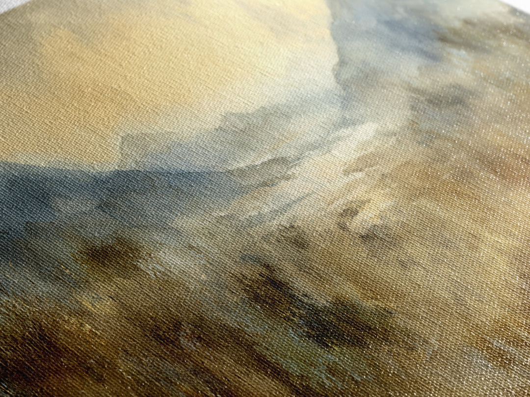 Misty Mountain Valley at Sunrise Framed Canvas Print, Landscape Art, Boho Decor, Living Room Decor, Fine Art, Horizon, LAN-3x1-89