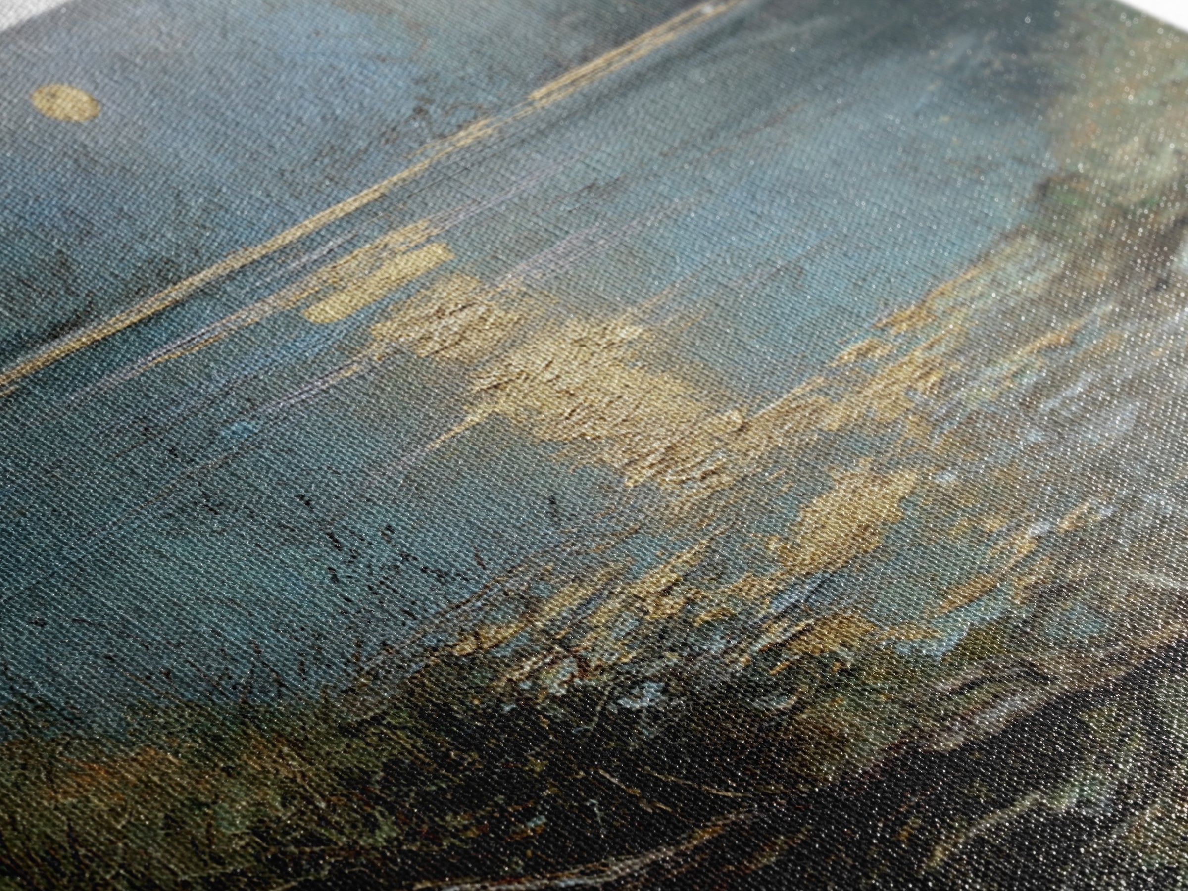 Moonlit River with Silver Reflections Canvas Print, Landscape Art, Neutral Decor, Living Room Decor, Oil Painting, Horizon, LAN-3x2-49