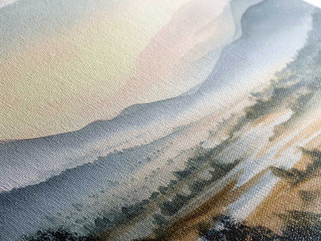 Misty Mountain Valley at Sunrise Framed Canvas Print, Landscape Art, Living Room Wall Art, Living Room Decor, Oil Painting, LAN-3x2-5