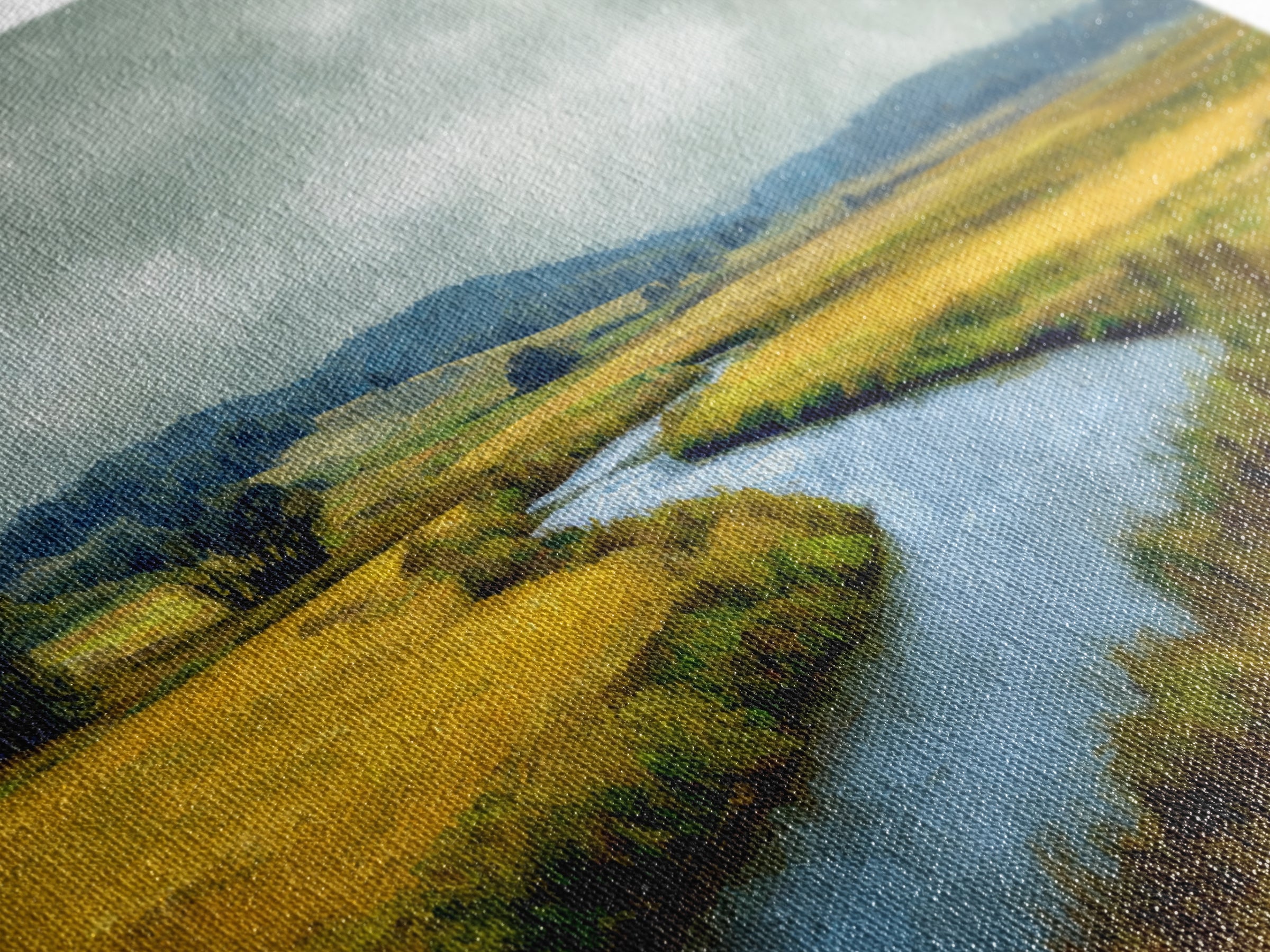 Winding River Through Golden Fields Framed Canvas Print, Landscape Art, Farmhouse Decor, Living Room Decor, Fine Art, Horizon, LAN-3x2-6