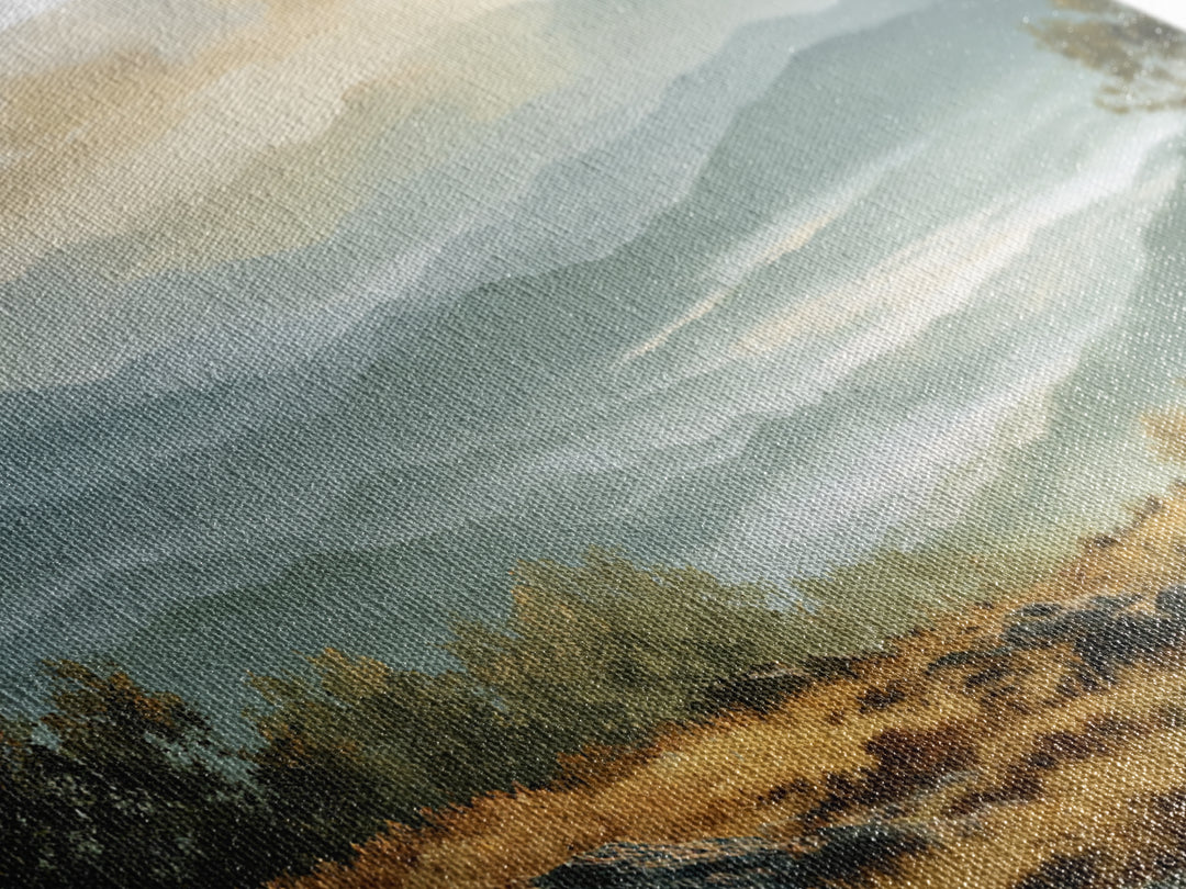 Misty Mountain Valley at Sunrise Framed Canvas Print, Landscape Art, Room Decor, Living Room Decor, Fine Art, Horizon, LAN-3x2-77