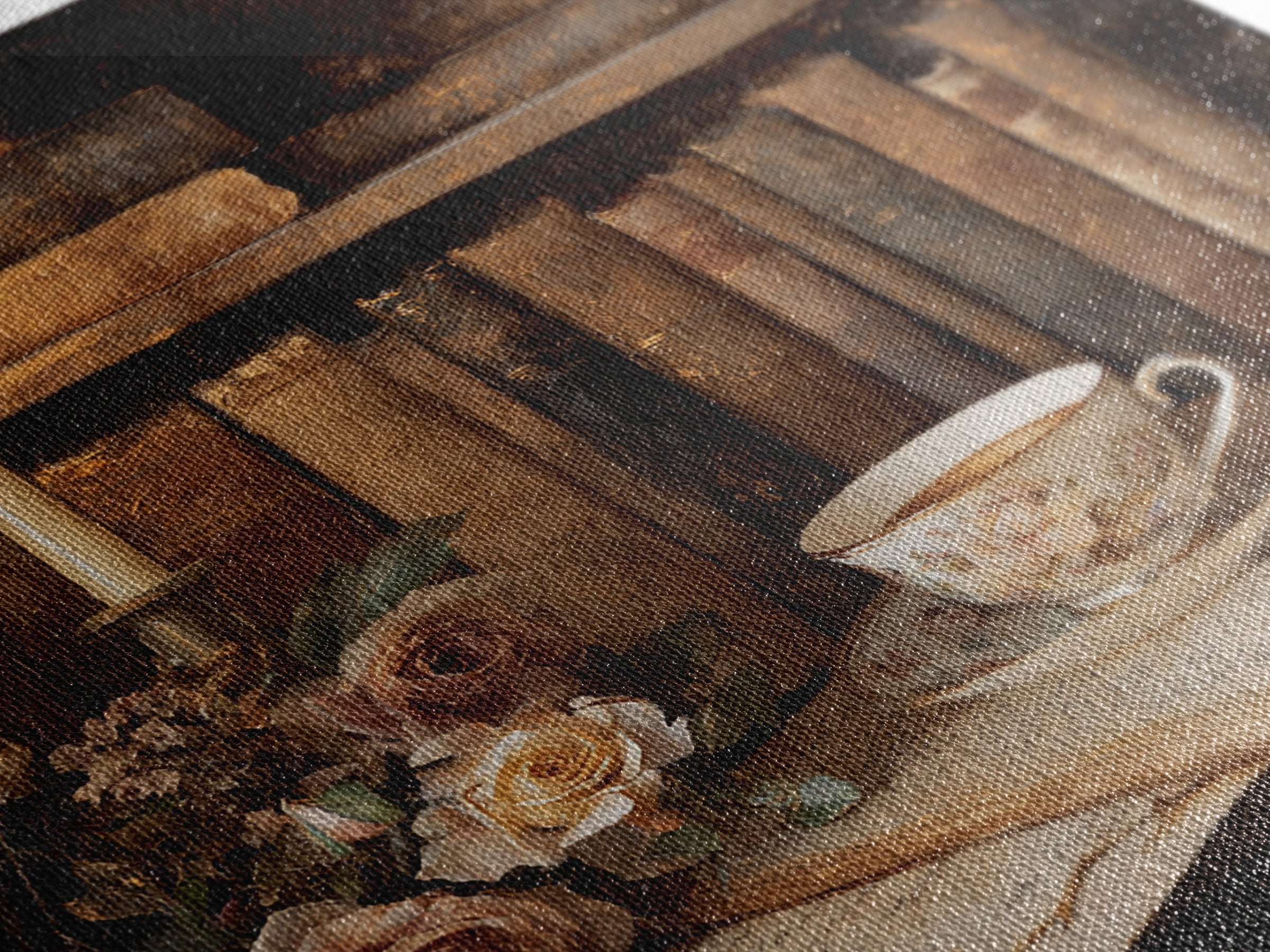 Teacup Beside a Novel and Roses Canvas Print, Library Art, Black Cat Art, Library Decor, Fine Art, Archive, Luxury Decor, LIB-1x1-14