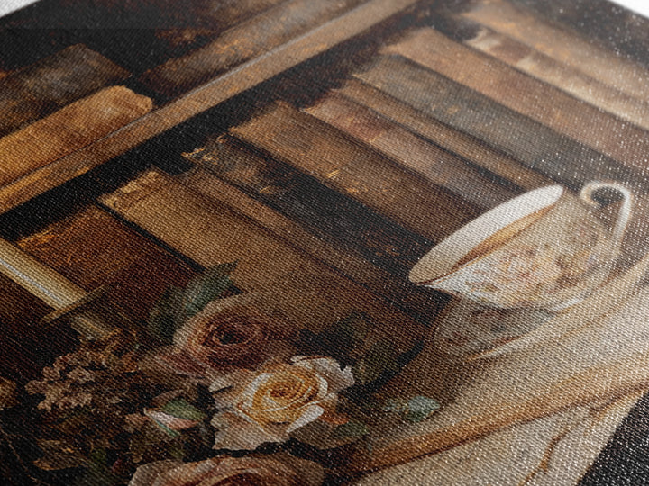 Teacup Beside a Novel and Roses Canvas Print, Library Art, Black Cat Art, Library Decor, Fine Art, Archive, Luxury Decor, LIB-1x1-14