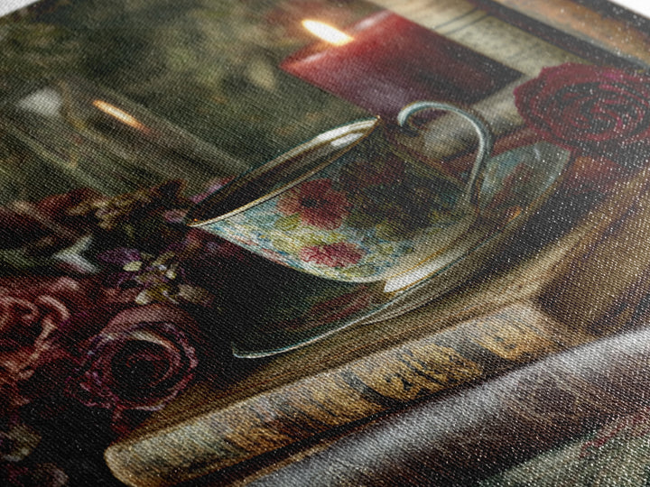 Teacup Beside a Novel and Roses Framed Canvas Print, Library Art, Gallery Decor, Library Decor, Fine Art, Archive, Wall Art, LIB-1x1-38