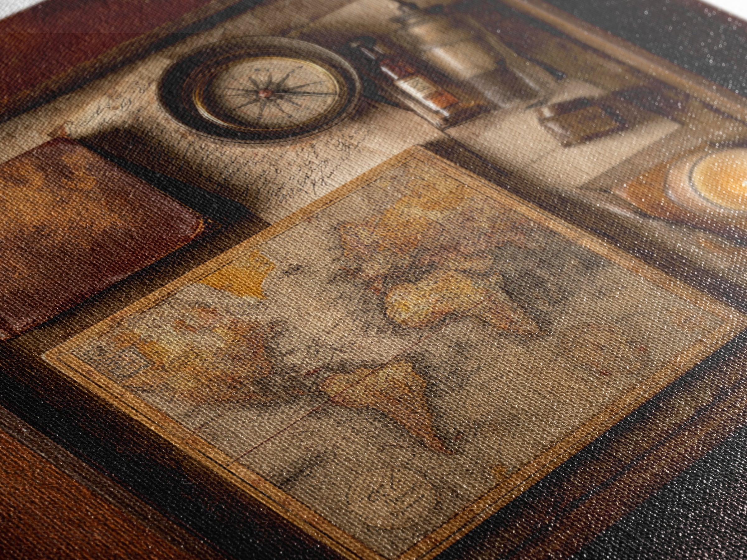 Map and Compass on Leather Bound Atlas Framed Canvas Print, Library Art, Room Decor, Library Decor, Fine Art, Archive, LIB-1x1-40