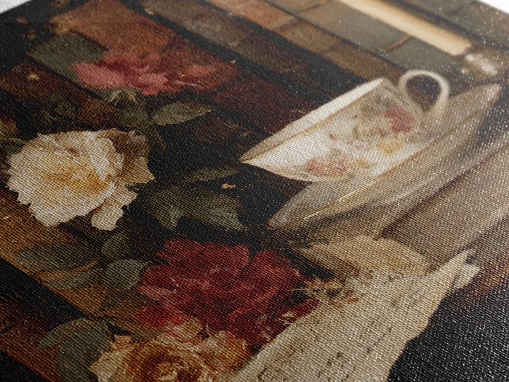 Teacup Beside a Novel and Roses Framed Canvas Print, Library Art, Gallery Decor, Library Decor, Fine Art, Archive, Wall Art, LIB-1x1-62