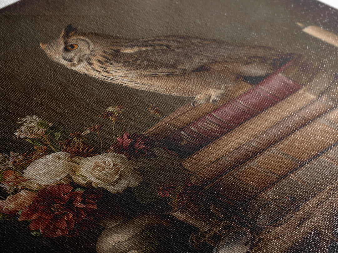 Owl Perched on a Pile of Antique Framed Canvas Print, Library Art, Fine Art Print, Library Decor, Fine Art, Archive, Painting, LIB-1x1-74