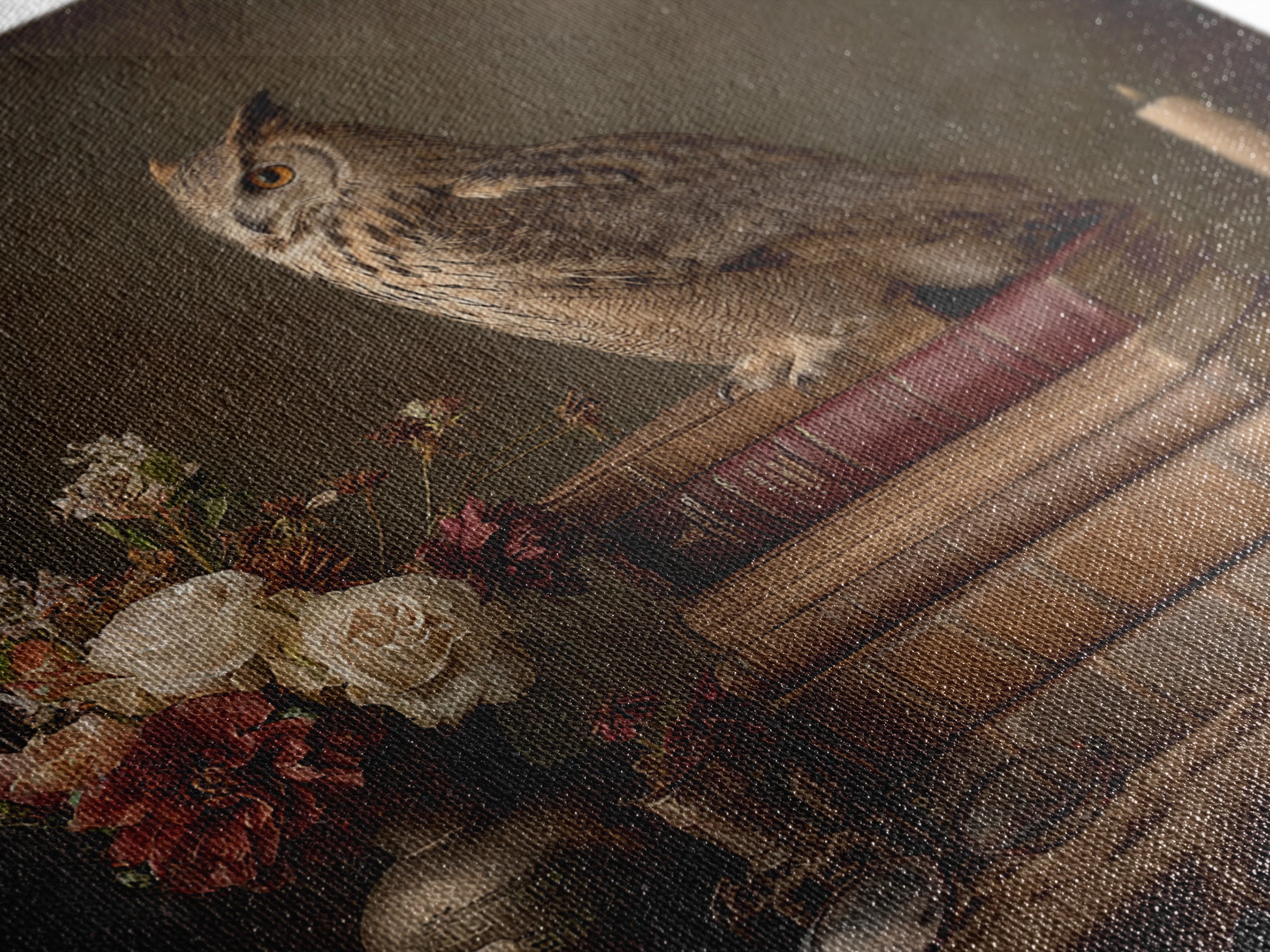 Owl Perched on a Pile of Antique Framed Canvas Print, Library Art, Fine Art Print, Library Decor, Fine Art, Archive, Painting, LIB-1x1-74