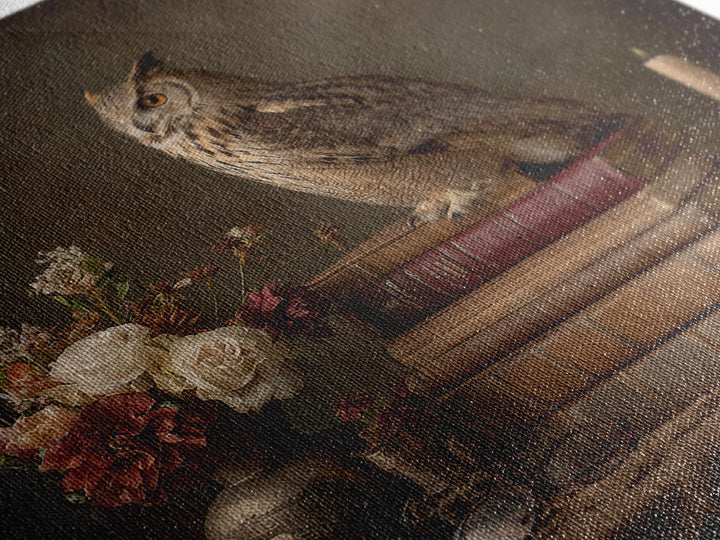 Owl Perched on a Pile of Antique Framed Canvas Print, Library Art, Fine Art Print, Library Decor, Fine Art, Archive, Painting, LIB-1x1-74