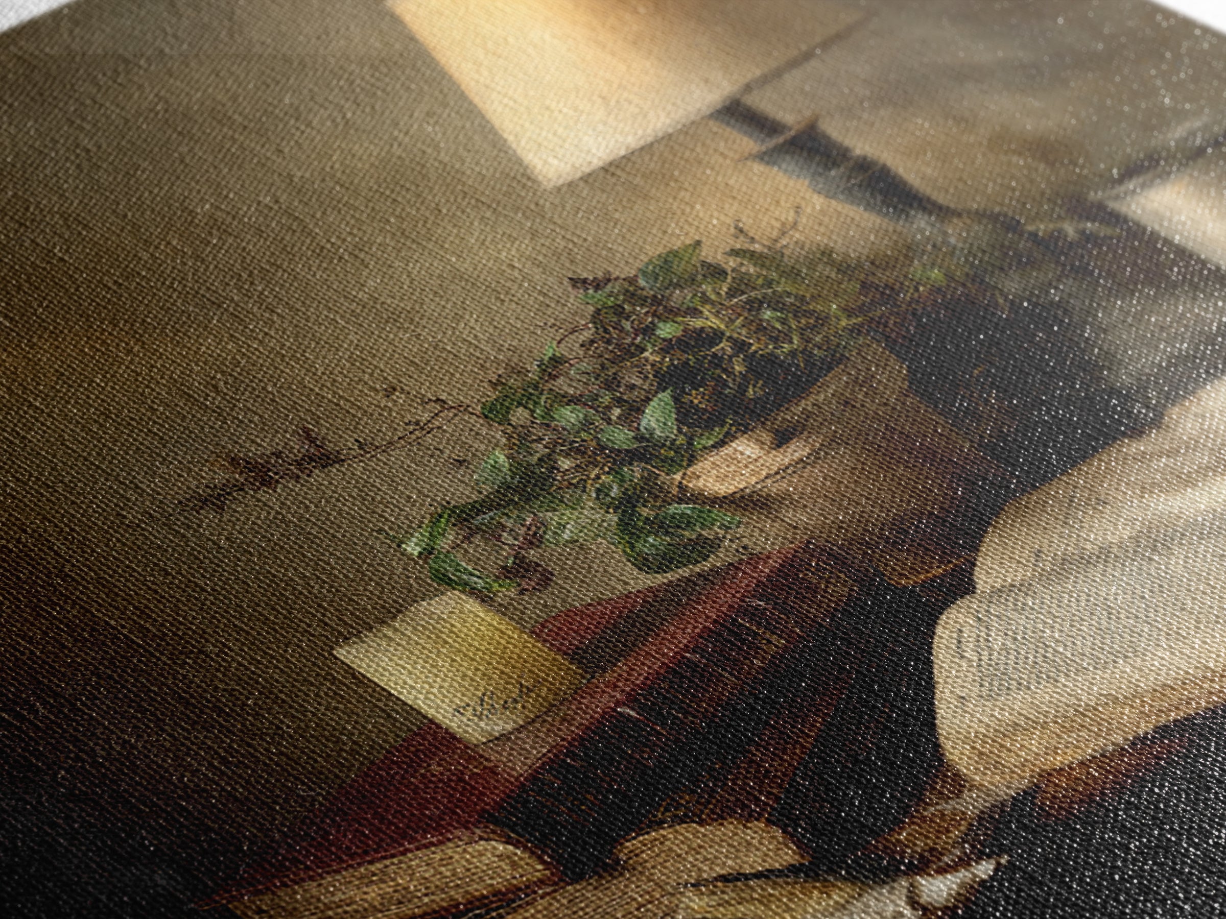 Warm Reading Lamp and Small Plant Still Framed Canvas Print, Library Art, Wall Art, Library Decor, Oil Painting, Archive, LIB-1x1-93