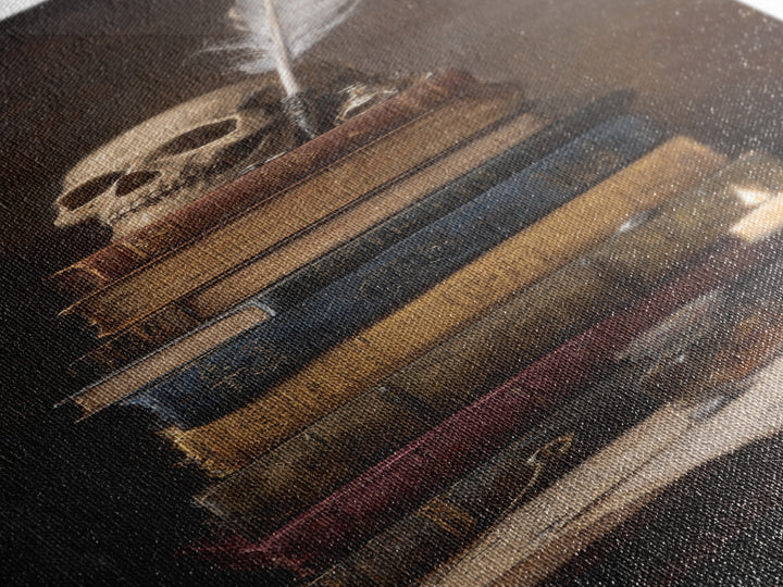 Dark Academia Skull Book and Quill Still Canvas Print, Library Art, Black Cat Art, Library Decor, Archive, Luxury Decor, LIB-1x3-41