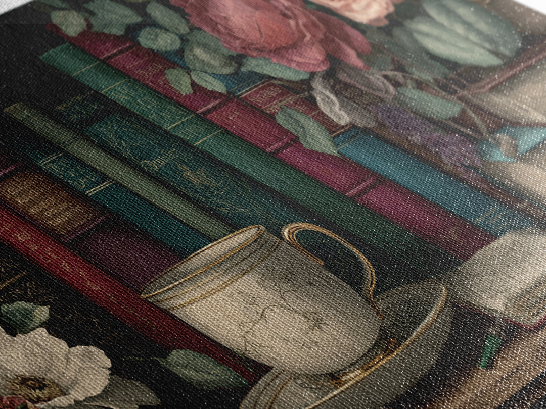 Teacup Beside a Novel and Roses Framed Canvas Print, Library Art, Contemporary Art, Library Decor, Fine Art, Archive, LIB-2x1-10