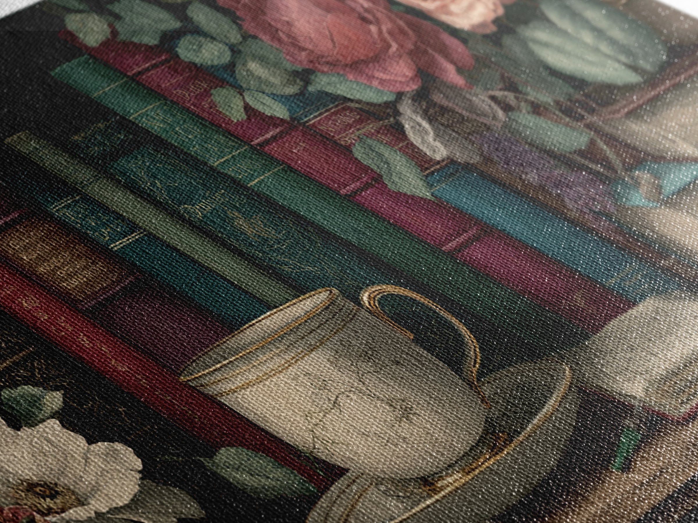 Teacup Beside a Novel and Roses Framed Canvas Print, Library Art, Contemporary Art, Library Decor, Fine Art, Archive, LIB-2x1-10