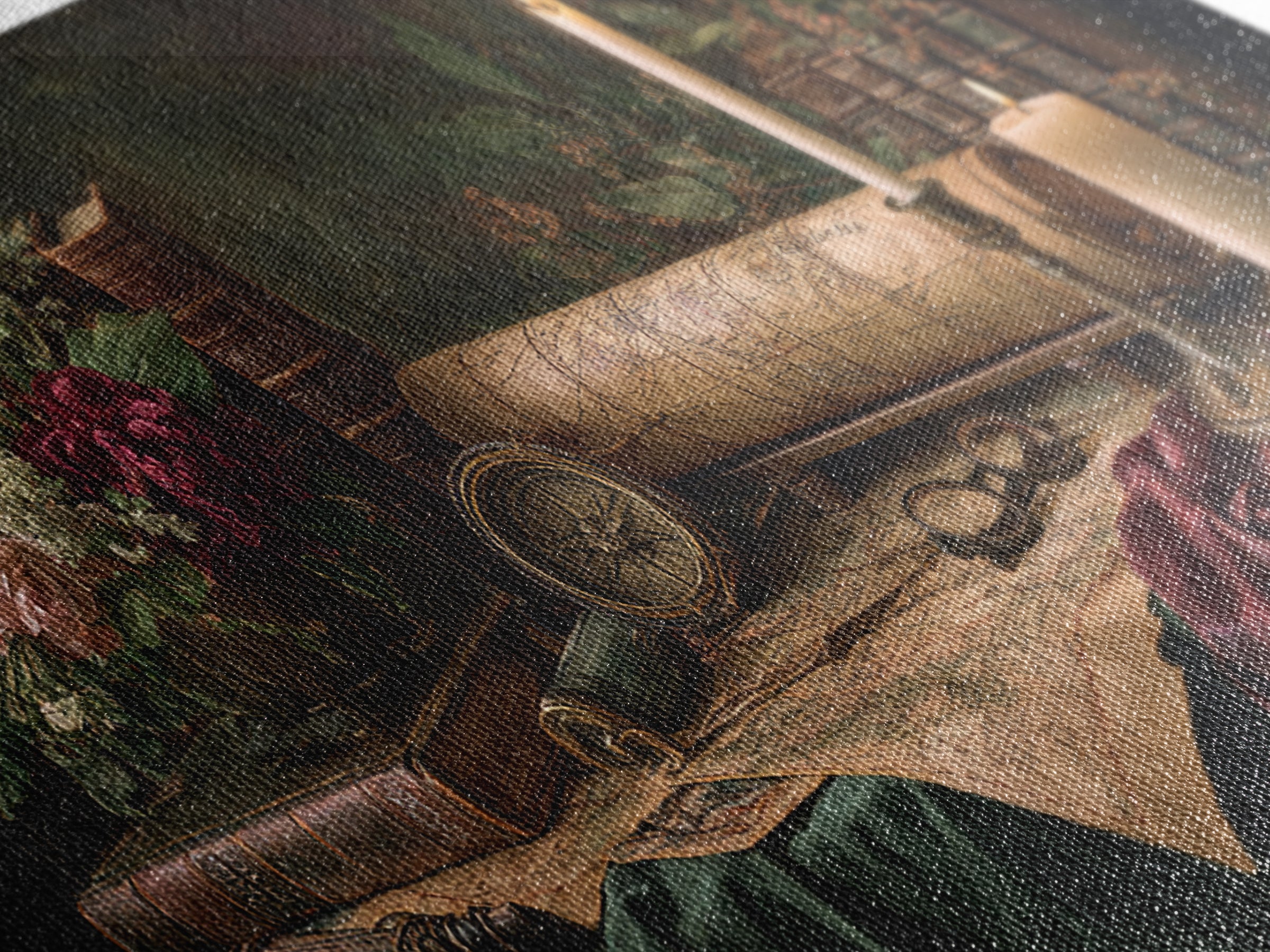 Map and Compass on Leather Bound Atlas Framed Canvas Print, Library Art, Gothic Home Decor, Library Decor, Oil Painting, LIB-2x1-60