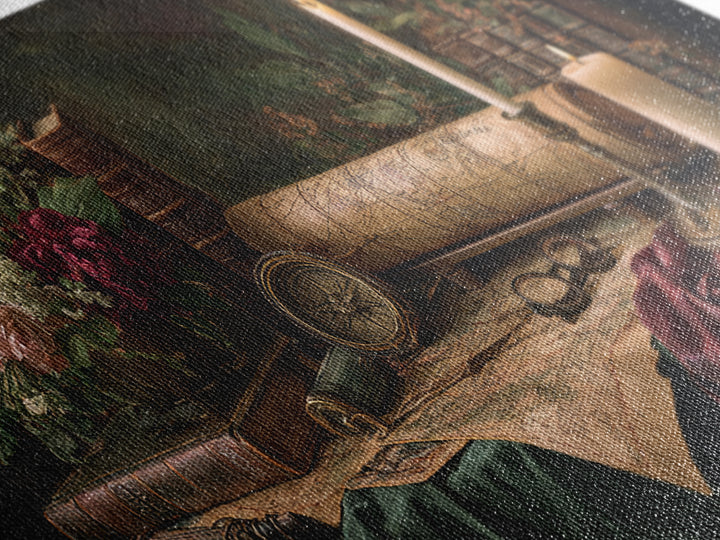Map and Compass on Leather Bound Atlas Framed Canvas Print, Library Art, Gothic Home Decor, Library Decor, Oil Painting, LIB-2x1-60