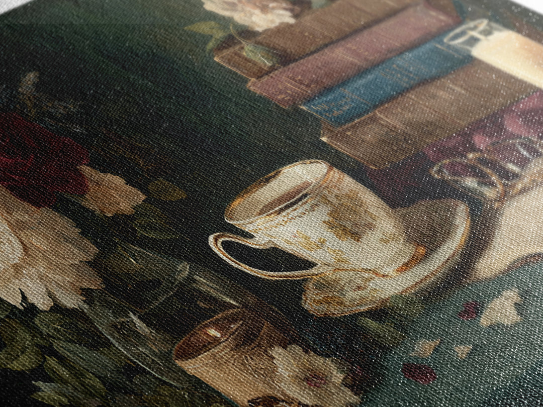 Teacup Beside a Novel and Roses Canvas Print, Library Art, Digital Art, Library Decor, Fine Art, Archive, Watercolor Art, LIB-2x1-82