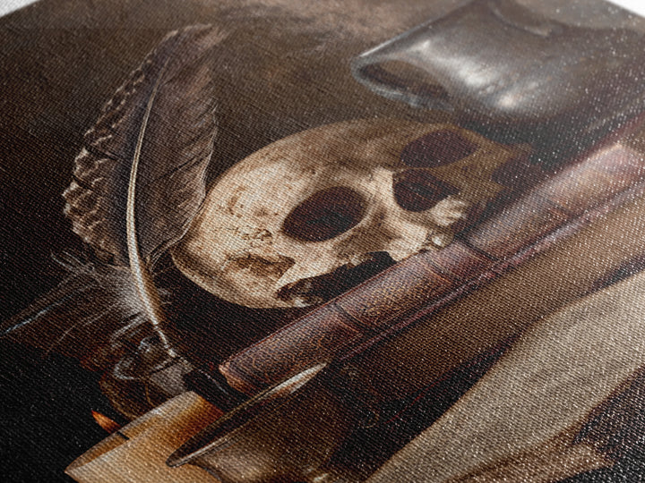 Dark Academia Skull Book and Quill Still Framed Canvas Print, Library Art, Dark Academia Decor, Library Decor, Archive, LIB-2x3-13