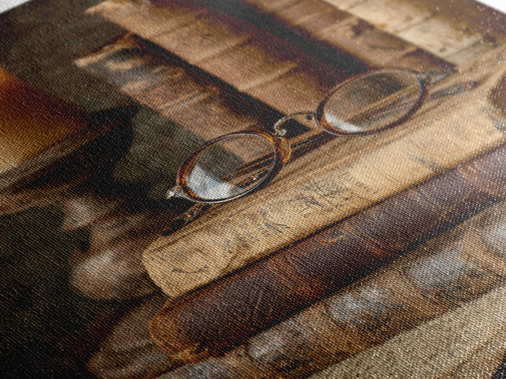 Antique Spectacles on a Manuscript Framed Canvas Print, Library Art, Whimsical Art, Library Decor, Fine Art, Archive, LIB-2x3-28