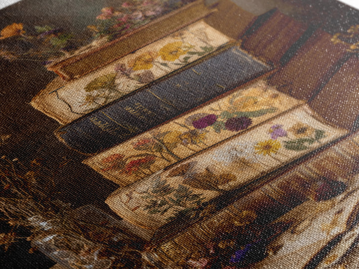 Botanical Pressed Flowers Inside Old Pages Framed Canvas Print, Library Art, Wall Art Print, Library Decor, Fine Art, Archive, LIB-2x3-41