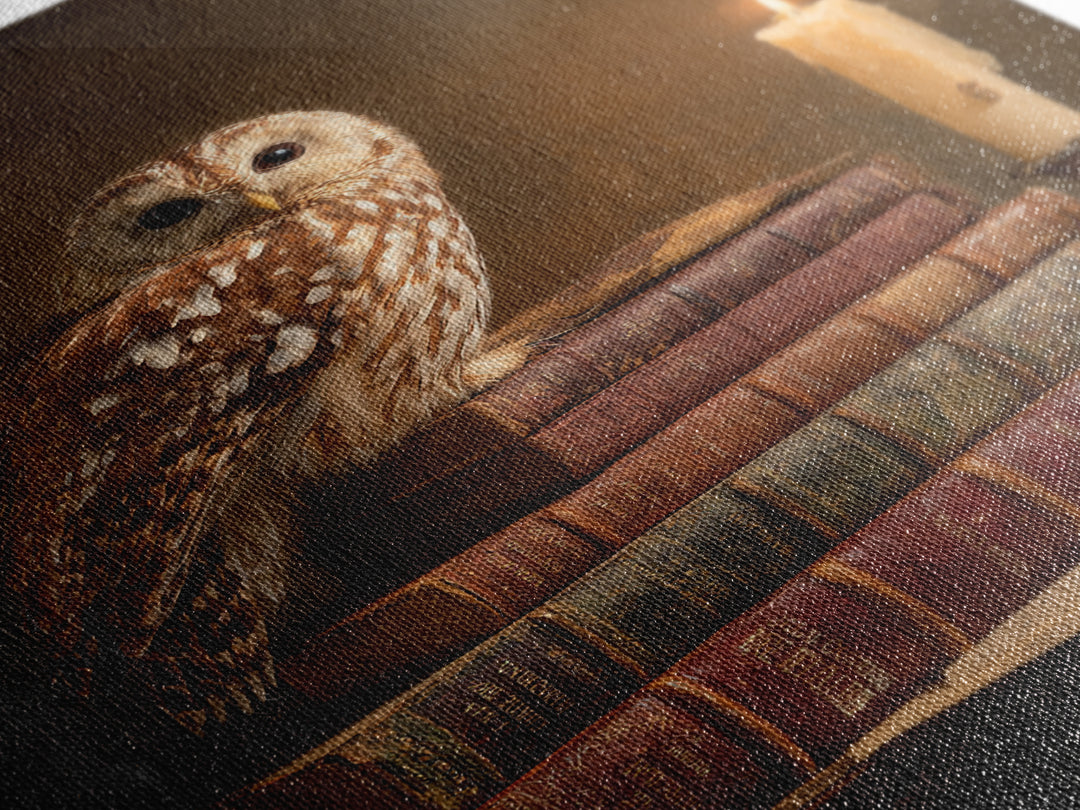 Owl Perched on a Pile of Antique Canvas Print, Library Art, Dark Academia Decor, Library Decor, Archive, Botanical Art, LIB-2x3-82
