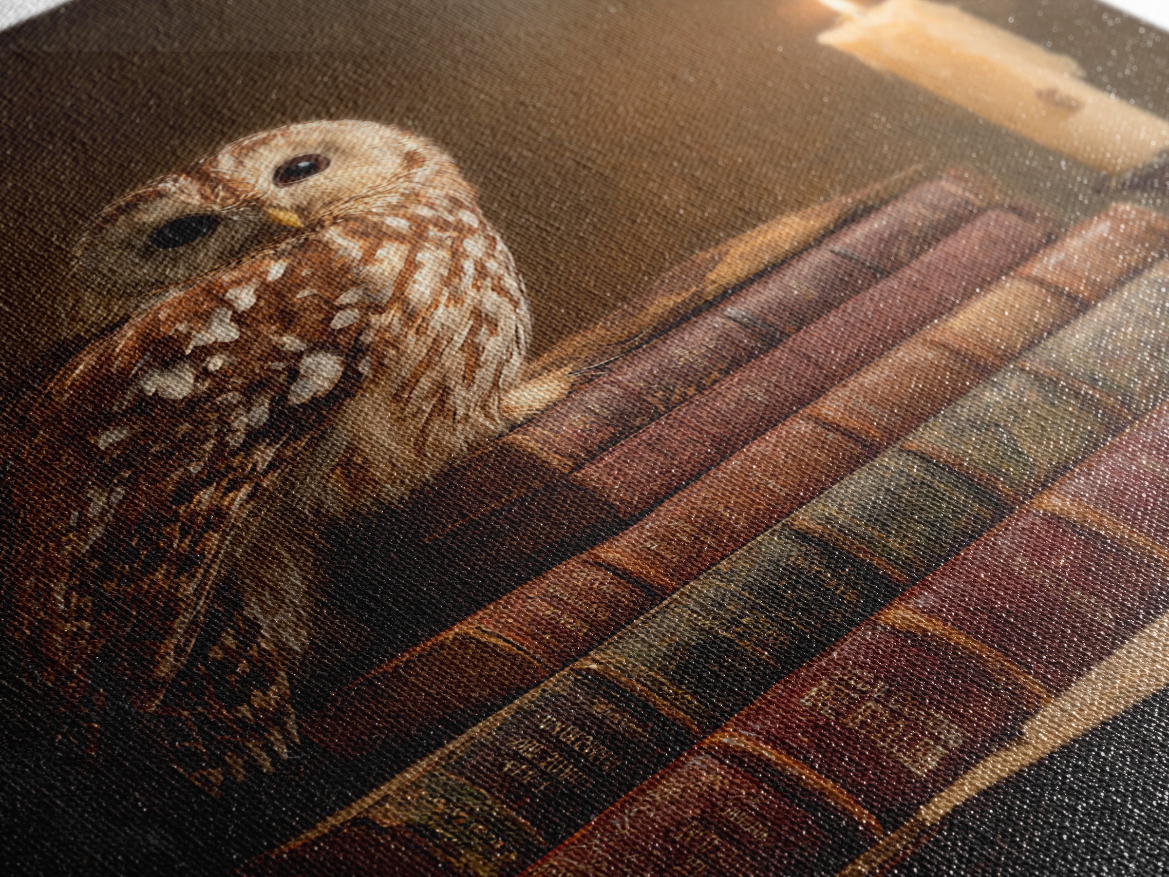 Owl Perched on a Pile of Antique Canvas Print, Library Art, Dark Academia Decor, Library Decor, Archive, Botanical Art, LIB-2x3-82