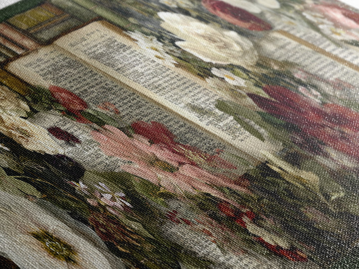 Botanical Pressed Flowers Inside Old Pages Framed Canvas Print, Library Art, Neutral Decor, Library Decor, Oil Painting, LIB-3x1-73