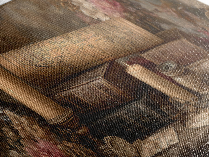 Map and Compass on Leather Bound Atlas Canvas Print, Library Art, Halloween Wall Decor, Library Decor, Fine Art, Archive, LIB-3x1-8