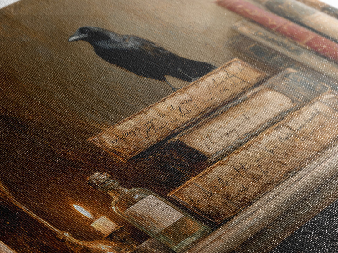 Black Raven Perched on Closed Book Framed Canvas Print, Library Art, Book Art, Library Decor, Oil Painting, Archive, LIB-3x2-50