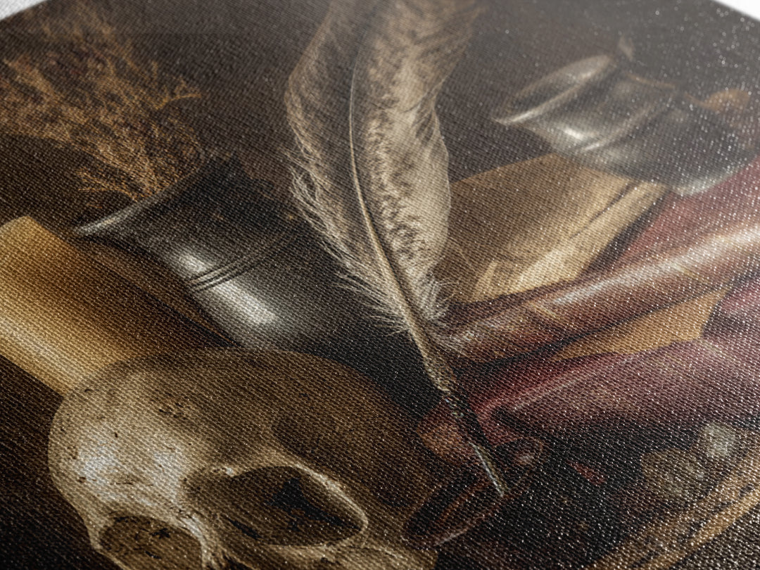 Dark Academia Skull Book and Quill Still Canvas Print, Library Art, Gothic Wall Decor, Library Decor, Fine Art, Archive, LIB-3x2-57