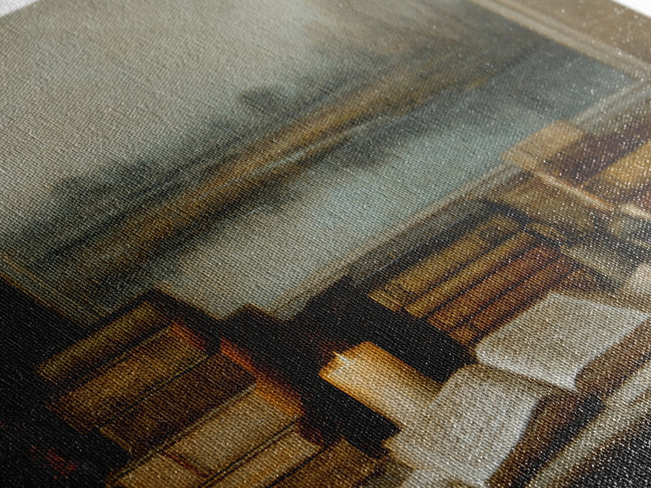 Moonlit Window with Floating Pages Framed Canvas Print, Library Art, Textured Painting, Library Decor, Fine Art, Archive, LIB-3x2-60
