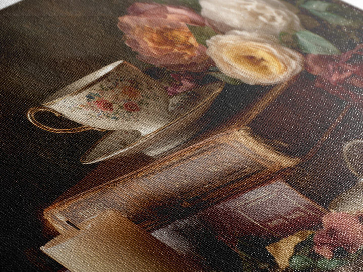 Teacup Beside a Novel and Roses Canvas Print, Library Art, Library Decor, Fine Art, Archive, Neutral Decor, Modern Decor, LIB-3x2-66