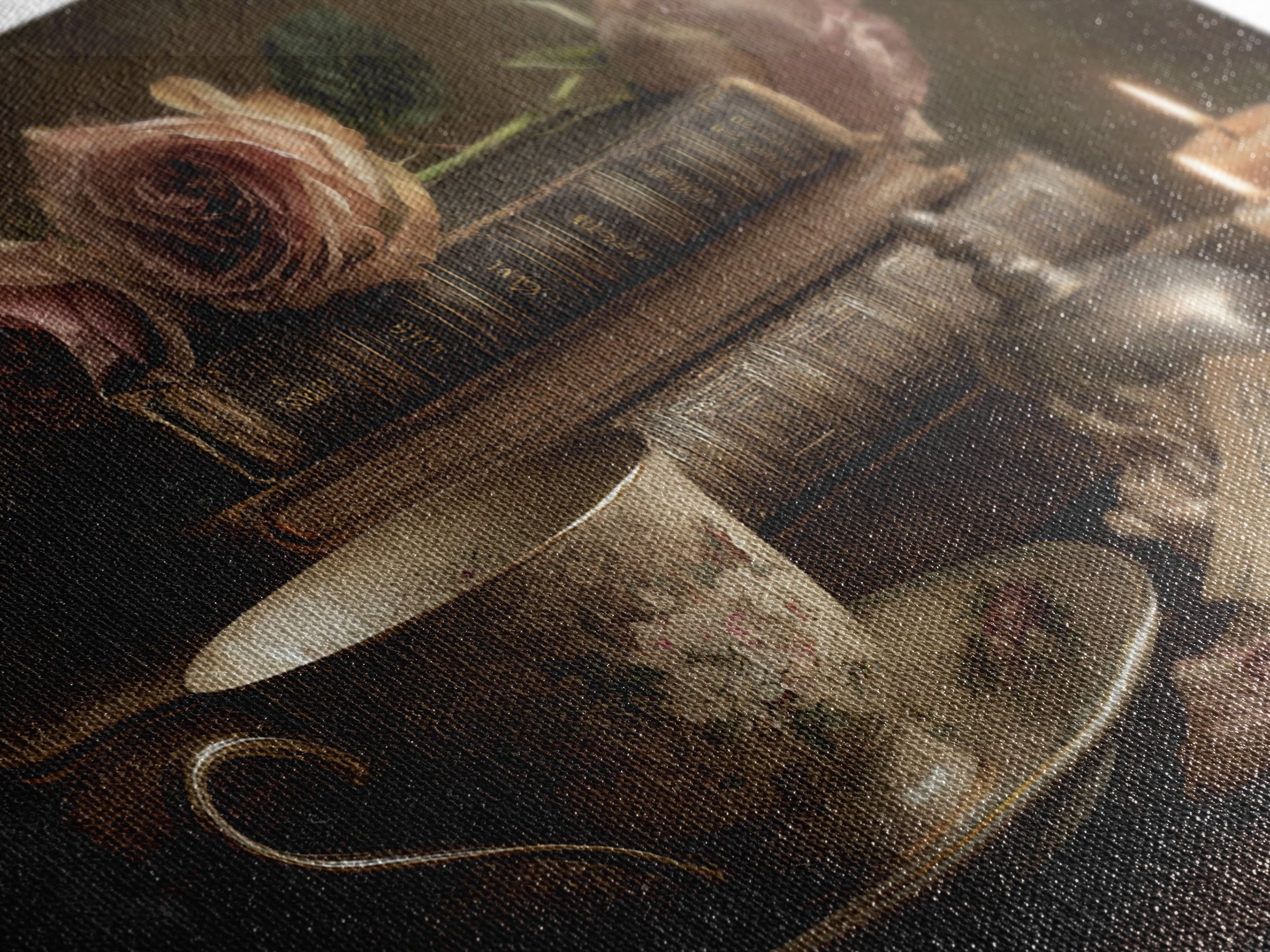 Teacup Beside a Novel and Roses Framed Canvas Print, Library Art, Black Cat Art, Library Decor, Fine Art, Archive, Luxury Decor, LIB-3x2-90