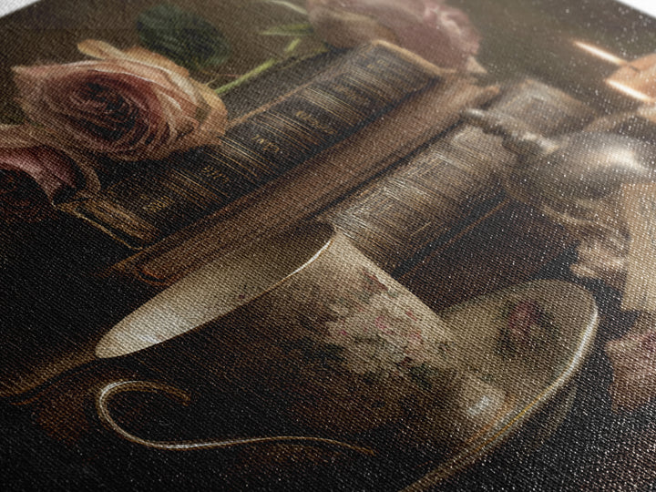Teacup Beside a Novel and Roses Framed Canvas Print, Library Art, Black Cat Art, Library Decor, Fine Art, Archive, Luxury Decor, LIB-3x2-90