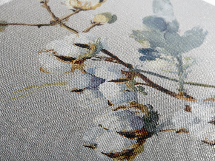 Fresh Cotton Branch Botanical Study Canvas Print, Laundry Room Art, Retro Wall Art, Living Room Decor, Watercolor Art, Clean, LRA-1x1-31