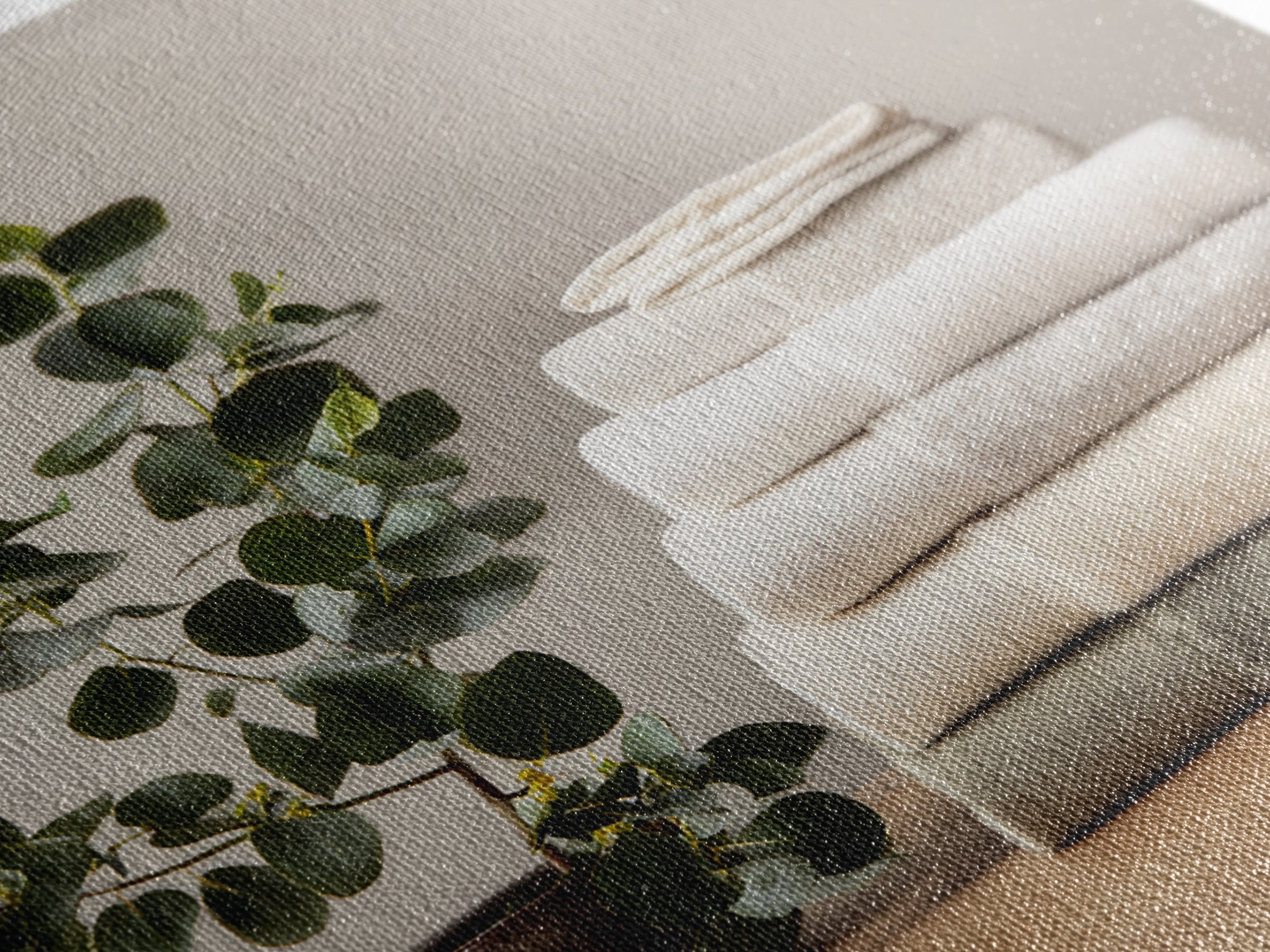 Sunlit White Towels and Eucalyptus Branch Canvas Print, Laundry Room Art, Farmhouse Wall Decor, Living Room Decor, LRA-1x1-35