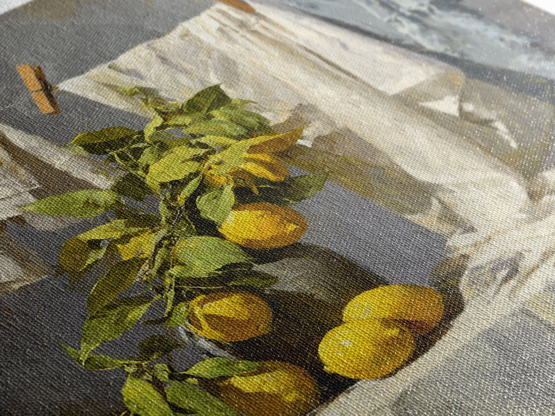 Lemon and Clean Linen Still Life Framed Canvas Print, Laundry Room Art, Rustic Home Decor, Living Room Decor, Abstract Art, LRA-1x1-51