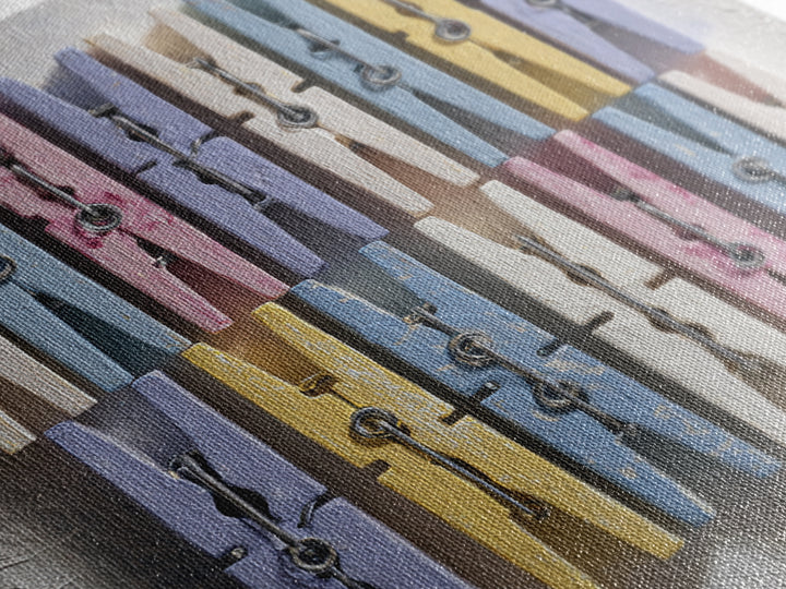 Cheerful Clothespins Arranged as Pattern Framed Canvas Print, Laundry Room Art, Laundry Room Decor, Living Room Decor, Clean, LRA-1x1-52