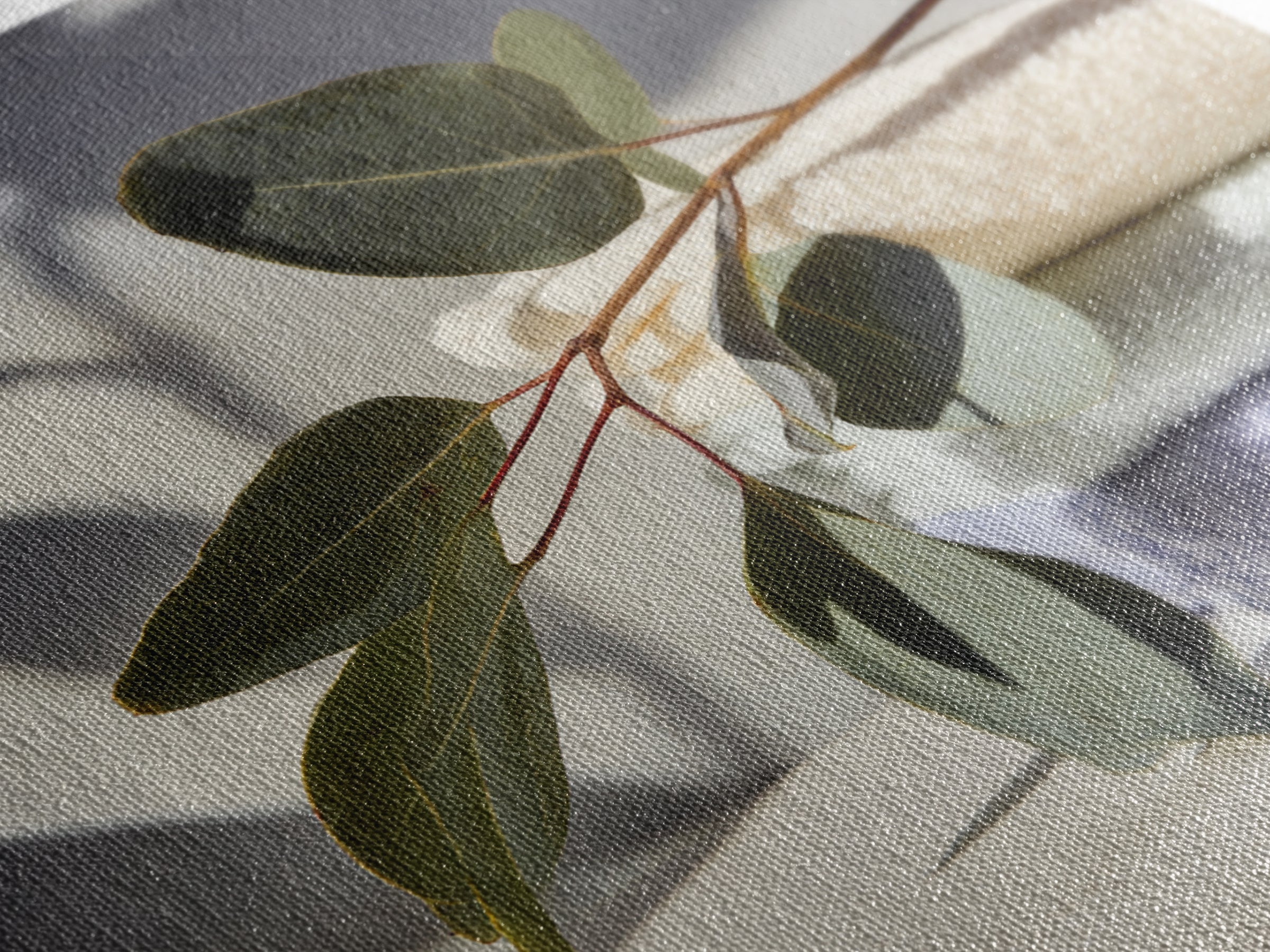 Sunlit White Towels and Eucalyptus Branch Canvas Print, Laundry Room Art, Digital Art Print, Living Room Decor, Fine Art, Clean, LRA-1x1-59