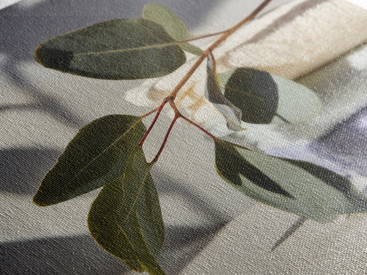 Sunlit White Towels and Eucalyptus Branch Canvas Print, Laundry Room Art, Digital Art Print, Living Room Decor, Fine Art, Clean, LRA-1x1-59