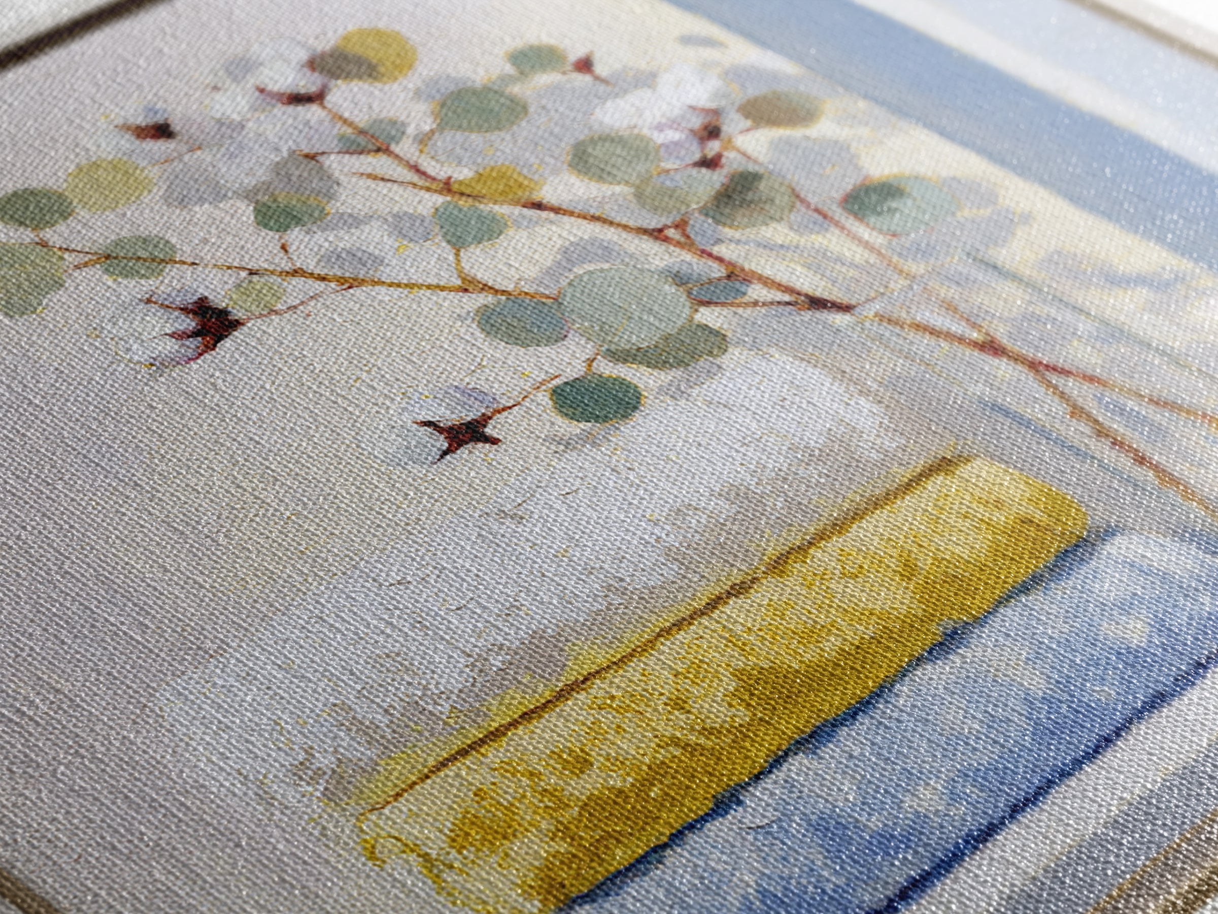 Sunlit White Towels and Eucalyptus Branch Canvas Print, Laundry Room Art, Statement Artwork, Living Room Decor, Clean, LRA-1x1-83