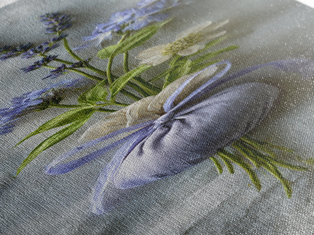 Lavender Sachet and Ribbon Still Life Framed Canvas Print, Laundry Room Art, Modern Decor, Living Room Decor, Fine Art, Clean, LRA-1x3-53