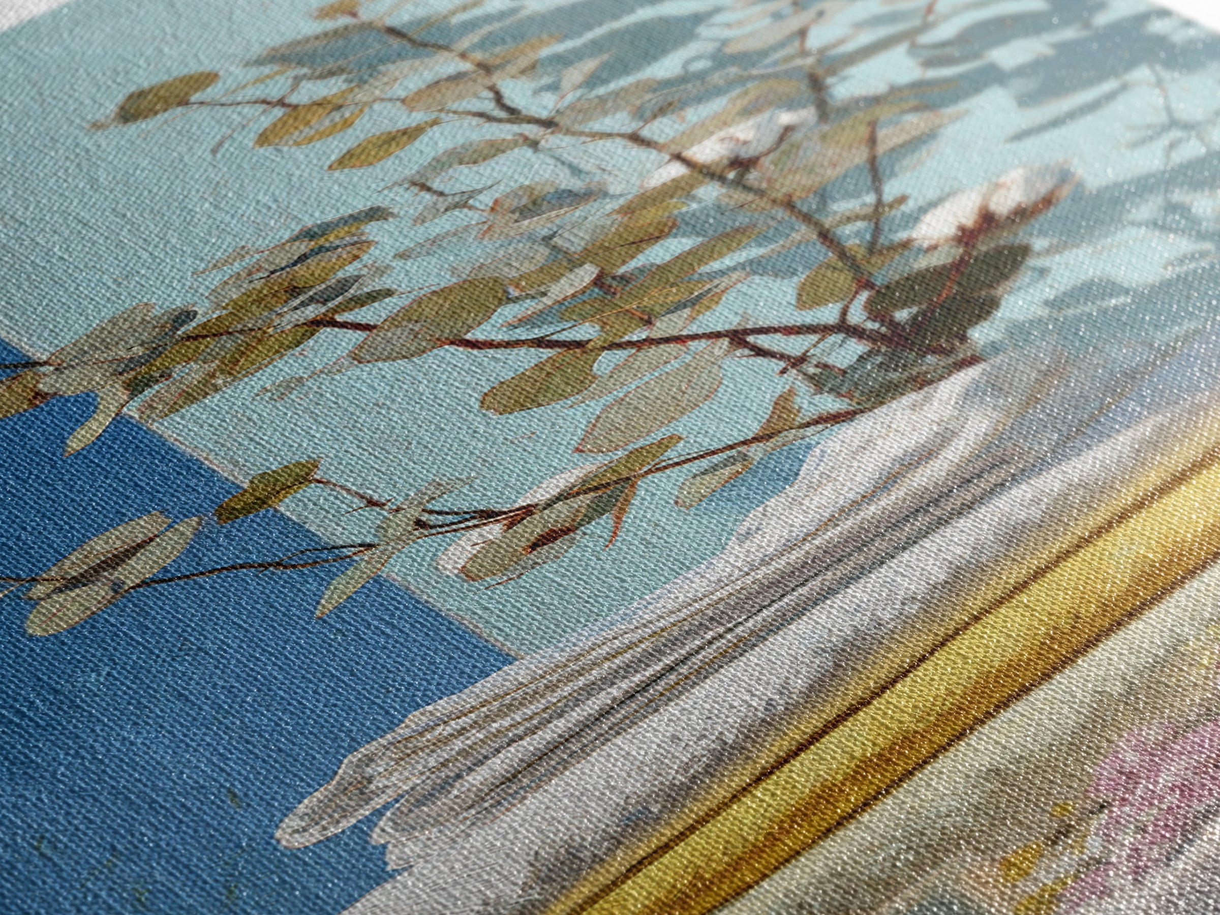 Sunlit White Towels and Eucalyptus Branch Framed Canvas Print, Laundry Room Art, Custom Wall Art, Living Room Decor, Clean, LRA-1x3-71