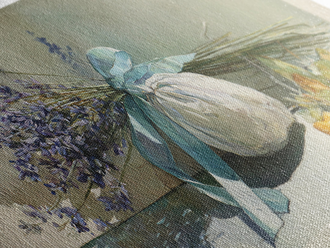 Lavender Sachet and Ribbon Still Life Framed Canvas Print, Laundry Room Art, Minimalist Decor, Living Room Decor, Clean, LRA-2x1-13
