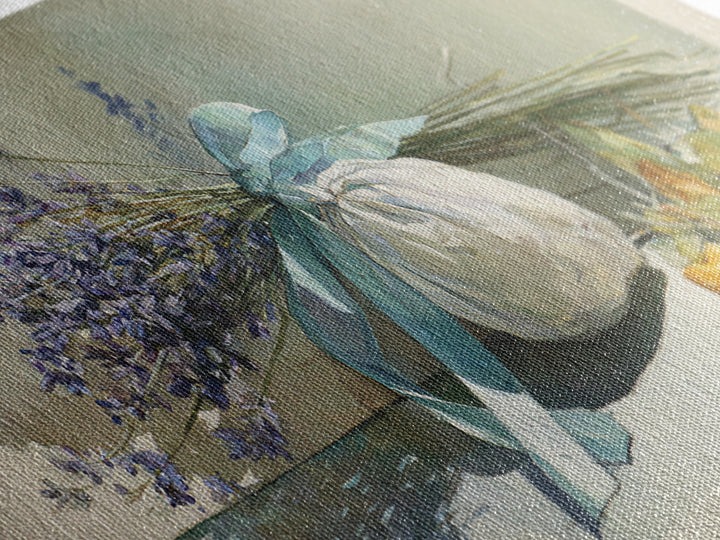 Lavender Sachet and Ribbon Still Life Framed Canvas Print, Laundry Room Art, Minimalist Decor, Living Room Decor, Clean, LRA-2x1-13