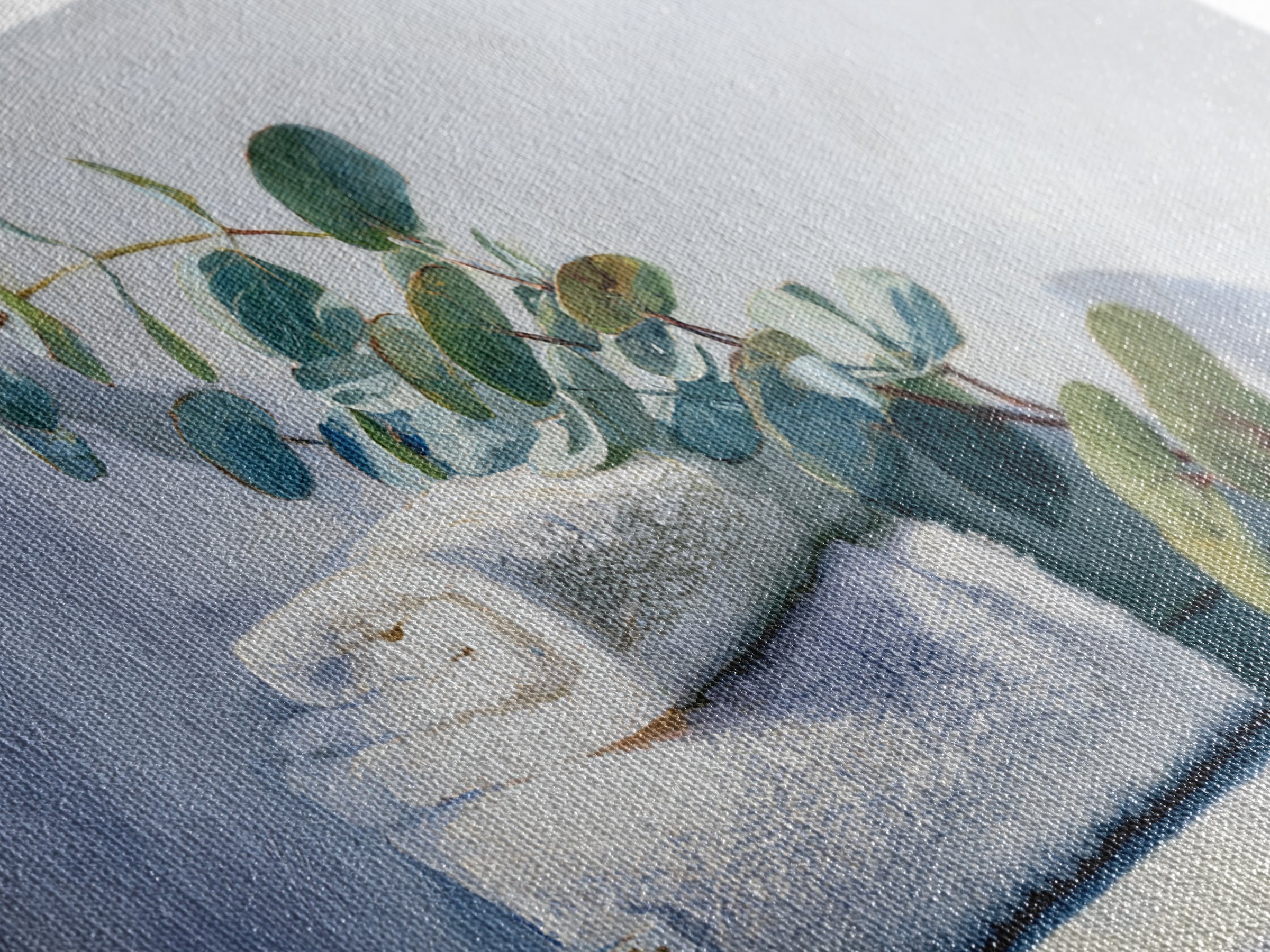 Sunlit White Towels and Eucalyptus Branch Canvas Print, Laundry Room Art, Digital Print, Living Room Decor, Fine Art, Clean, LRA-2x1-31