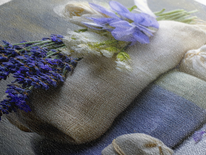 Lavender Sachet and Ribbon Still Life Framed Canvas Print, Laundry Room Art, Minimalist Decor, Living Room Decor, Clean, LRA-2x1-37