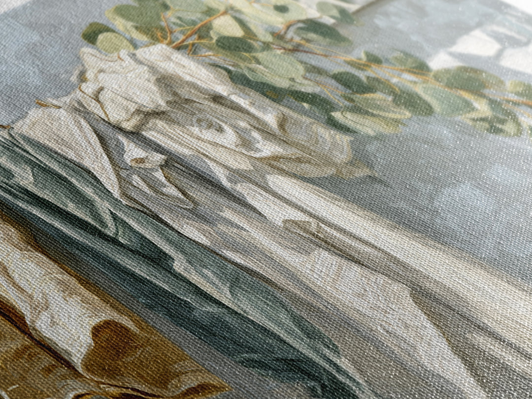 Sunlit White Towels and Eucalyptus Branch Framed Canvas Print, Laundry Room Art, Living Room Decor, Watercolor Art, Clean, LRA-2x1-7