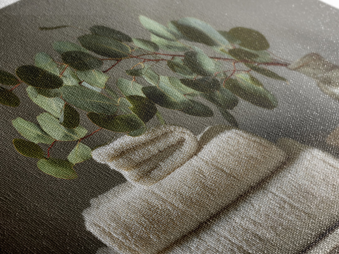 Sunlit White Towels and Eucalyptus Branch Canvas Print, Laundry Room Art, Gallery Wall Prints, Living Room Decor, Clean, LRA-2x1-79
