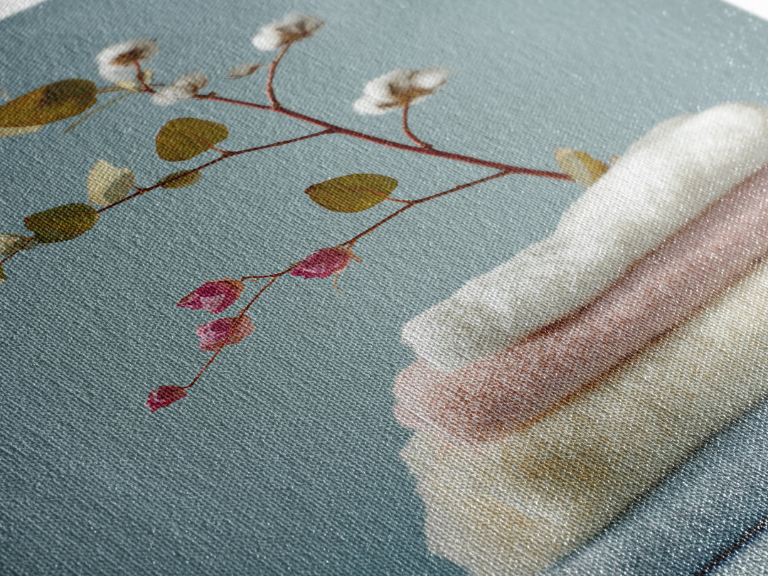 Sunlit White Towels and Eucalyptus Branch Framed Canvas Print, Laundry Room Art, Contemporary Art, Living Room Decor, Clean, LRA-2x3-43